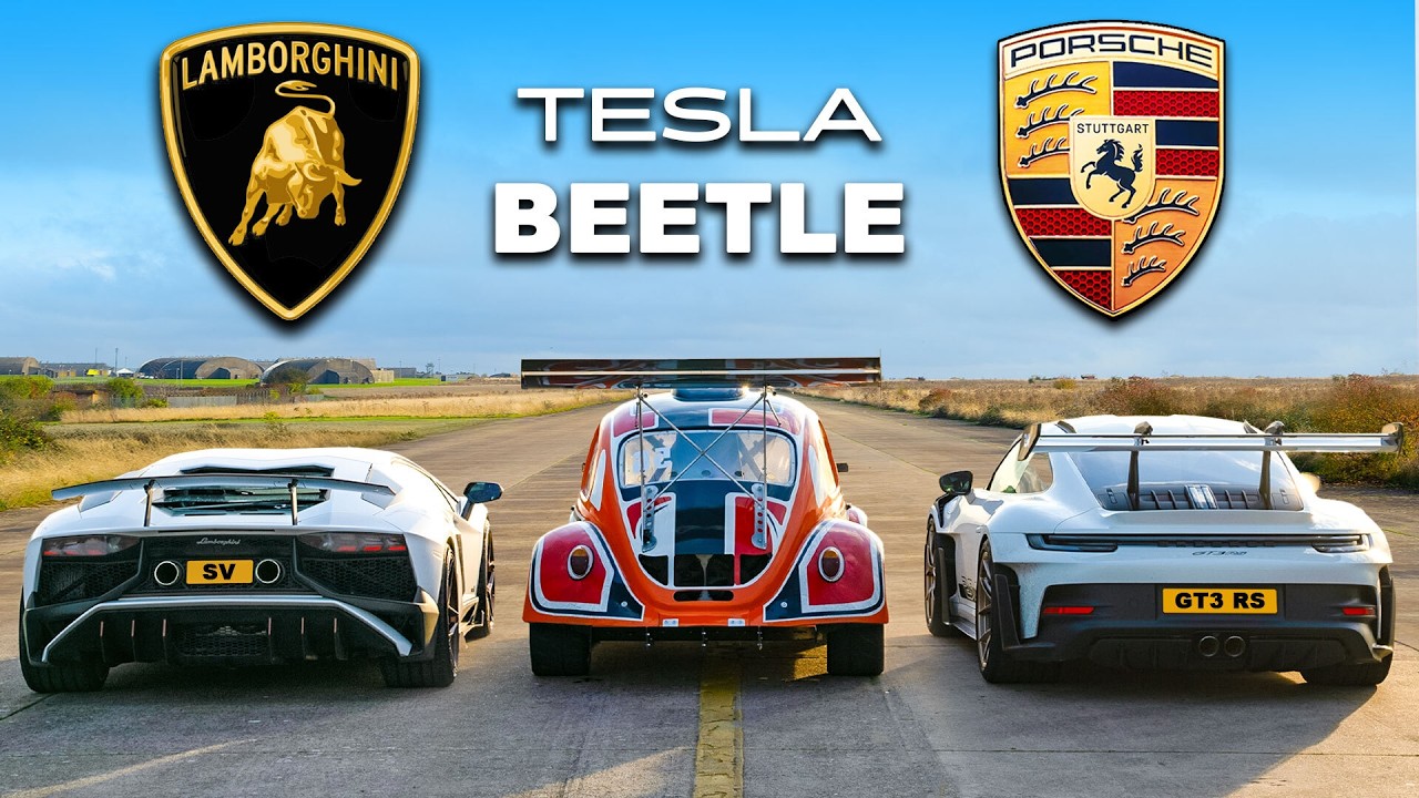 911 GT3 RS v Lambo V12 vs Tesla Beetle: DRAG RACE