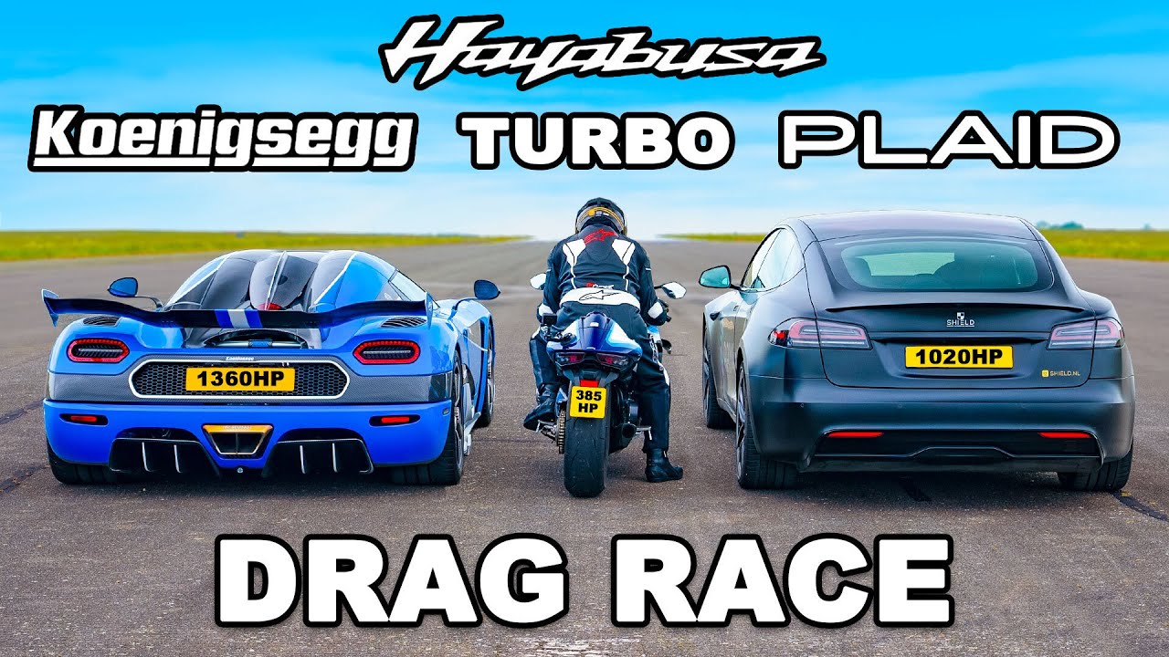 Koenigsegg v Tesla Plaid v Turbo Hayabusa: DRAG RACE